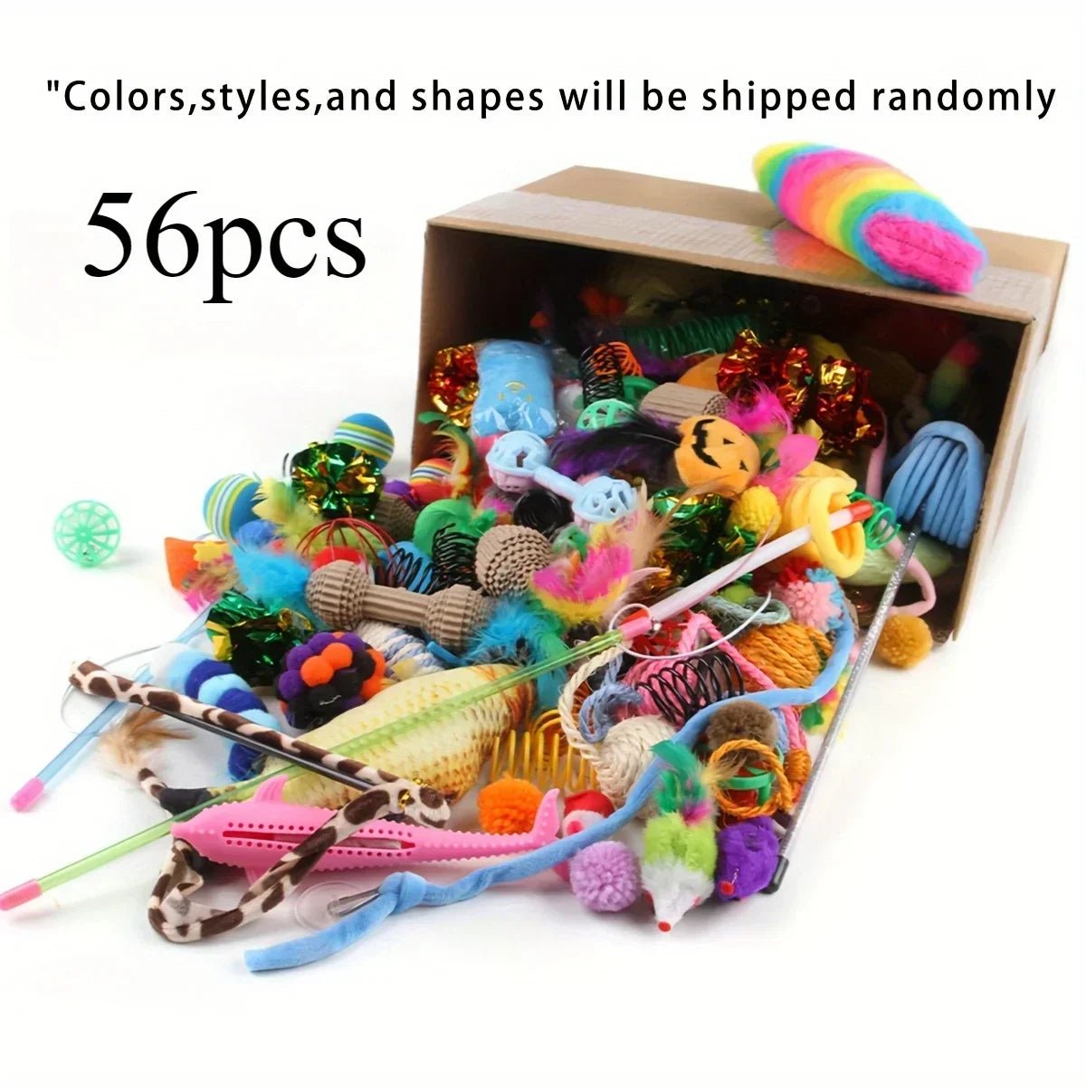 "Pawjoy"56pcs/28pcs/14pcs Cat Toys Mixed Pack. A Combination of Various Plastic Toys and Plush Toys Suitable for Multiple Cats To Play
