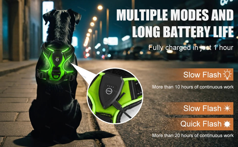 "Pawjoy"LED Glowing Luminous Dog Harnesses Essential for Dog Walking Safety at Night Dog Vest with Three LED Light Modes Rechargeable