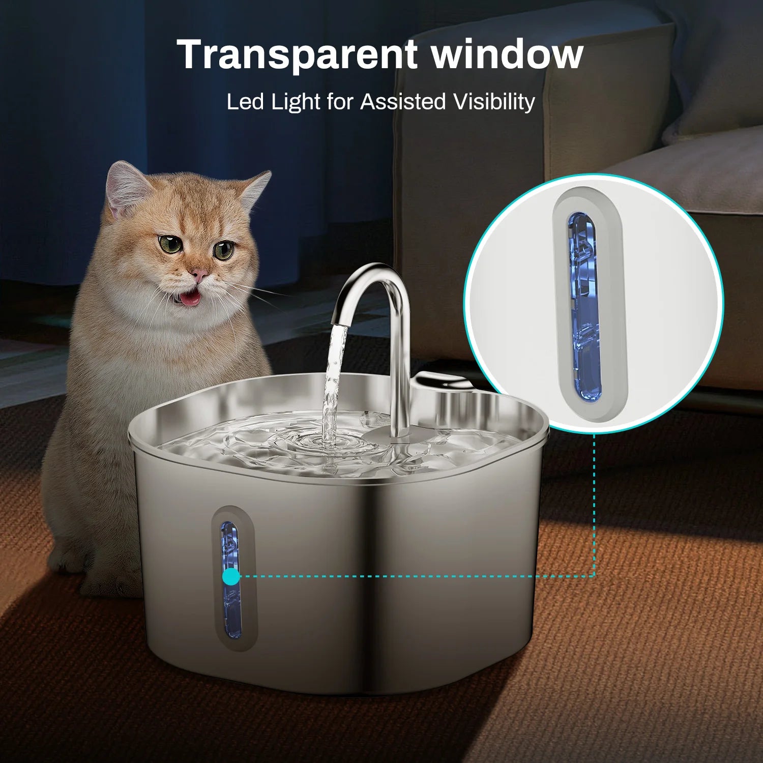 "Pawjoy"ZYFeeder 2.2L Automatic Cat Water Fountain Square Stainless Steel Pet Water Feeder Dog Water Fountain with window（No 5V 1A Plug）