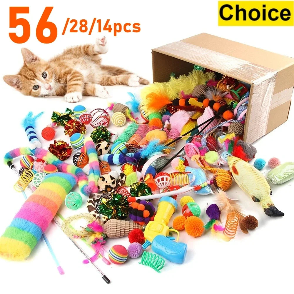 "Pawjoy"56pcs/28pcs/14pcs Cat Toys Mixed Pack. A Combination of Various Plastic Toys and Plush Toys Suitable for Multiple Cats To Play