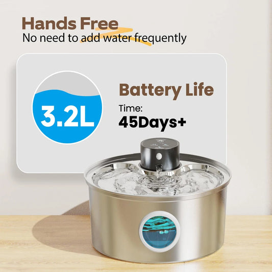 Pawjoy 3.2L Smart Pet Water Fountain 🐾💧 — USB rechargeable, stainless steel, and sensor-activated for fresh, flowing hydration.
