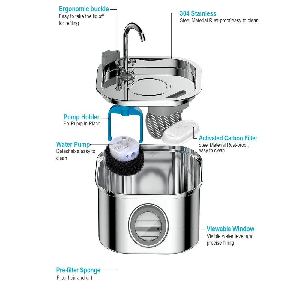 "Pawjoy"ZYFeeder 2.2L Automatic Cat Water Fountain Square Stainless Steel Pet Water Feeder Dog Water Fountain with window（No 5V 1A Plug）