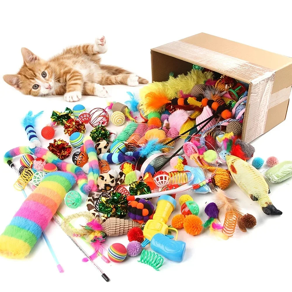 "Pawjoy"56pcs/28pcs/14pcs Cat Toys Mixed Pack. A Combination of Various Plastic Toys and Plush Toys Suitable for Multiple Cats To Play