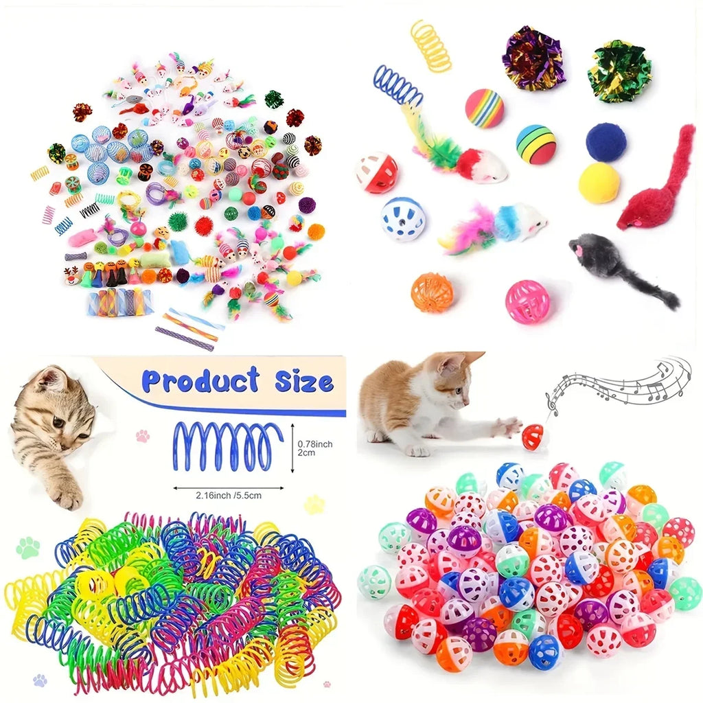 "Pawjoy"56pcs/28pcs/14pcs Cat Toys Mixed Pack. A Combination of Various Plastic Toys and Plush Toys Suitable for Multiple Cats To Play