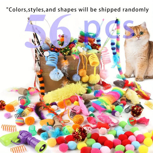 Pawjoy Cat Toy Set 🐾 — 14/28/56-piece mix of plush and plastic toys for endless fun and playtime for multiple cats.