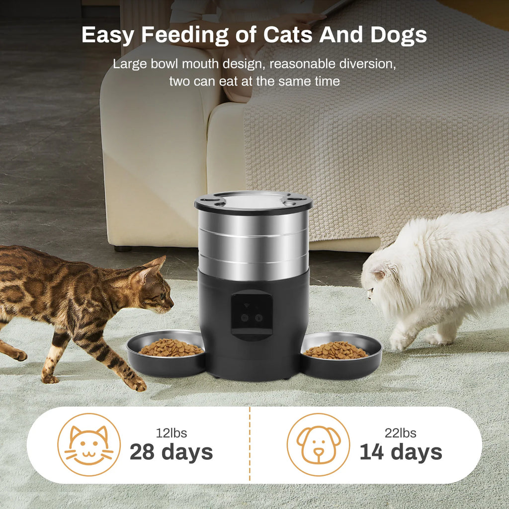 "Pawjoy"4.5L Automatic Cat Feeder With WiFi Button Smart Pet Cat/Dogs Food Dispenser Two Stainless Steel Bowls Feeder Pet Supplies