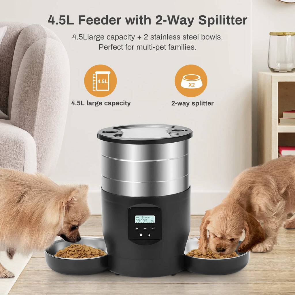 "Pawjoy"4.5L Automatic Cat Feeder With WiFi Button Smart Pet Cat/Dogs Food Dispenser Two Stainless Steel Bowls Feeder Pet Supplies