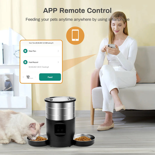Pawjoy 4.5L Smart Automatic Feeder 🐾 — WiFi-enabled, dual stainless steel bowls for convenient, timed feeding of cats and dogs.