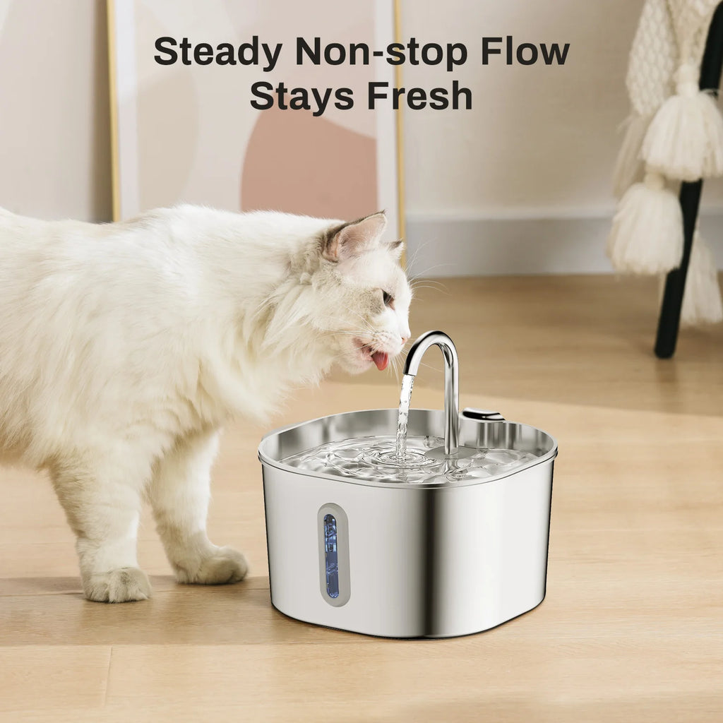 "Pawjoy"ZYFeeder 2.2L Automatic Cat Water Fountain Square Stainless Steel Pet Water Feeder Dog Water Fountain with window（No 5V 1A Plug）