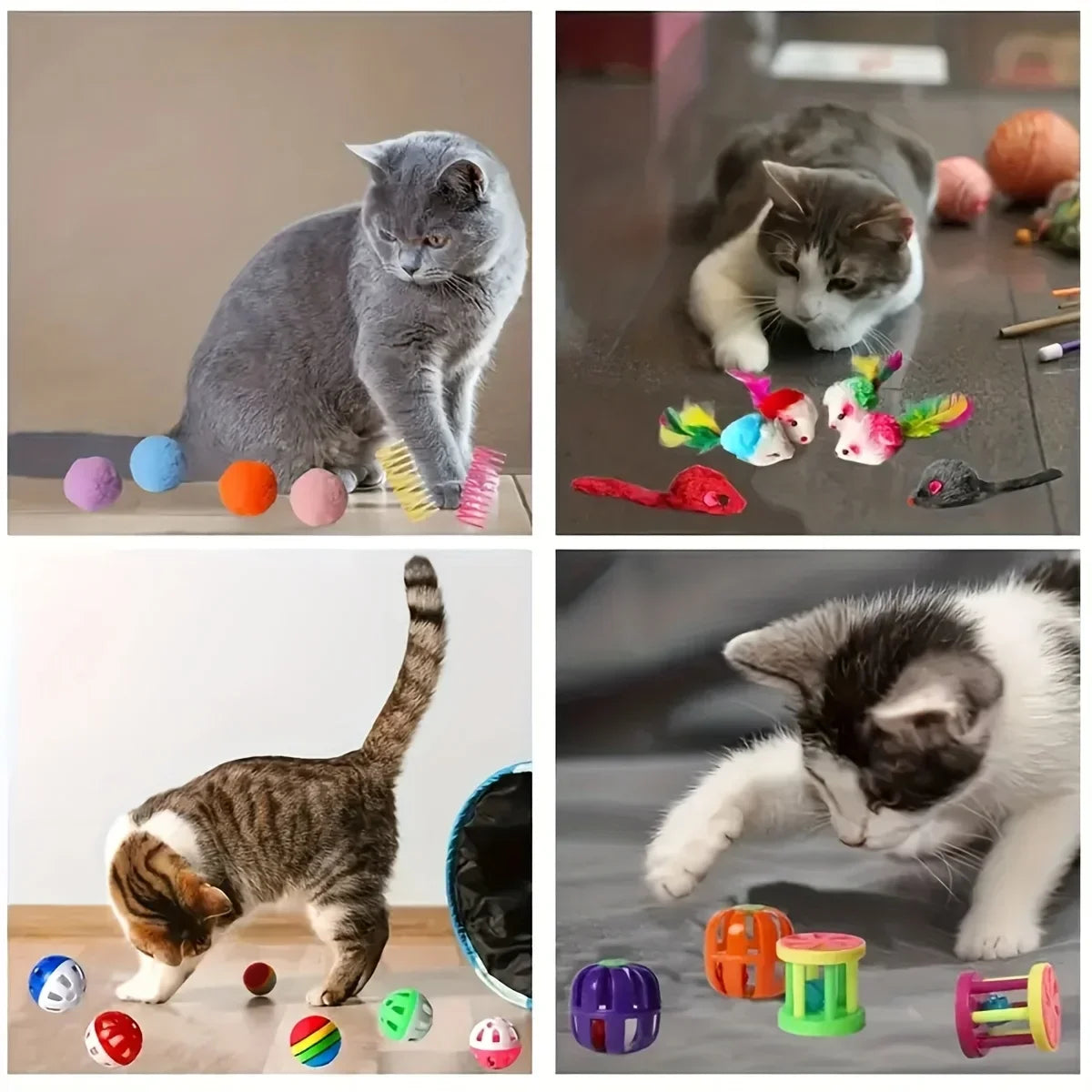 "Pawjoy"56pcs/28pcs/14pcs Cat Toys Mixed Pack. A Combination of Various Plastic Toys and Plush Toys Suitable for Multiple Cats To Play