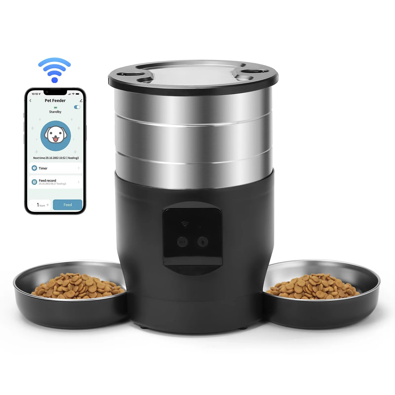 "Pawjoy"4.5L Automatic Cat Feeder With WiFi Button Smart Pet Cat/Dogs Food Dispenser Two Stainless Steel Bowls Feeder Pet Supplies