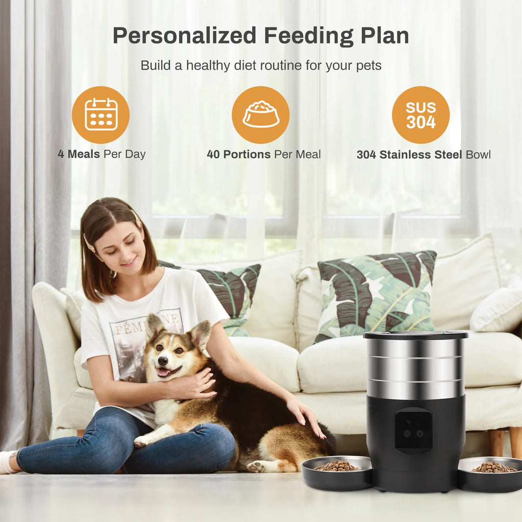 "Pawjoy"4.5L Automatic Cat Feeder With WiFi Button Smart Pet Cat/Dogs Food Dispenser Two Stainless Steel Bowls Feeder Pet Supplies