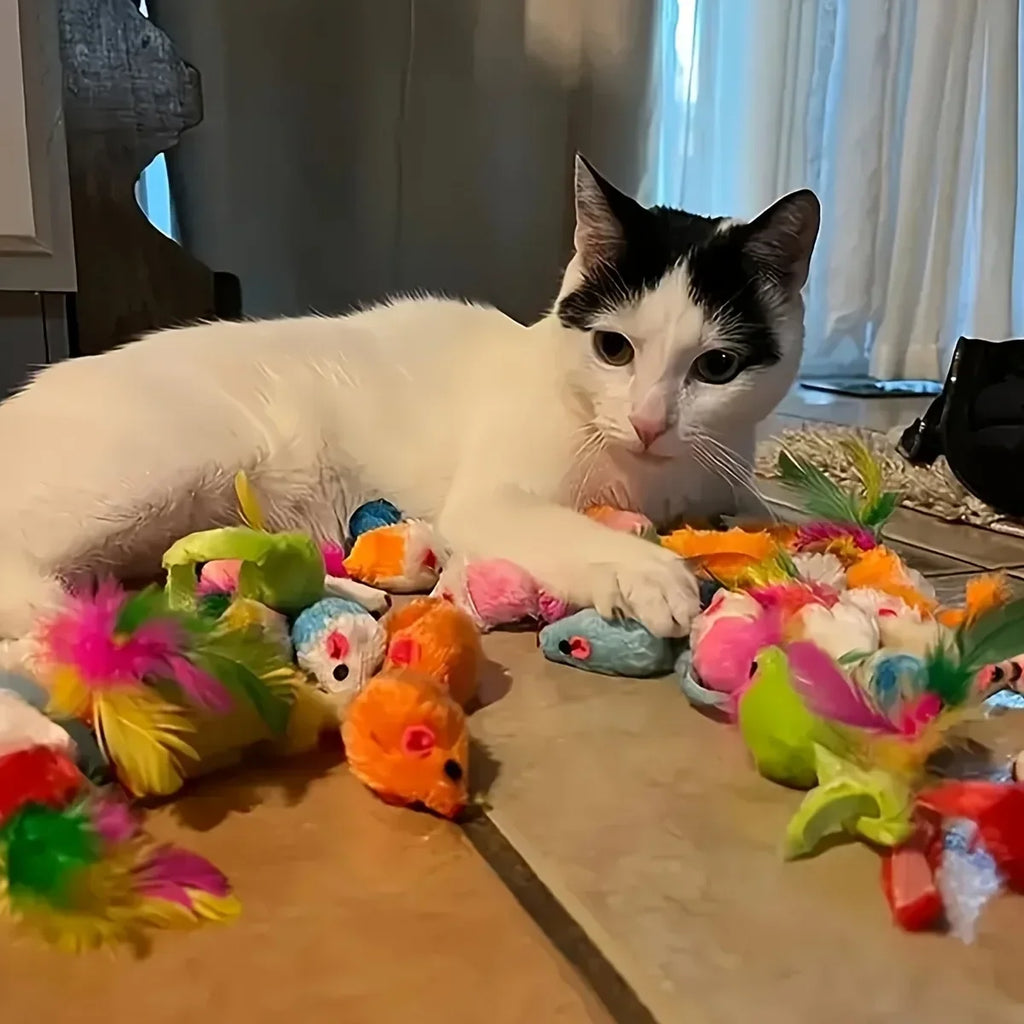 "Pawjoy"56pcs/28pcs/14pcs Cat Toys Mixed Pack. A Combination of Various Plastic Toys and Plush Toys Suitable for Multiple Cats To Play