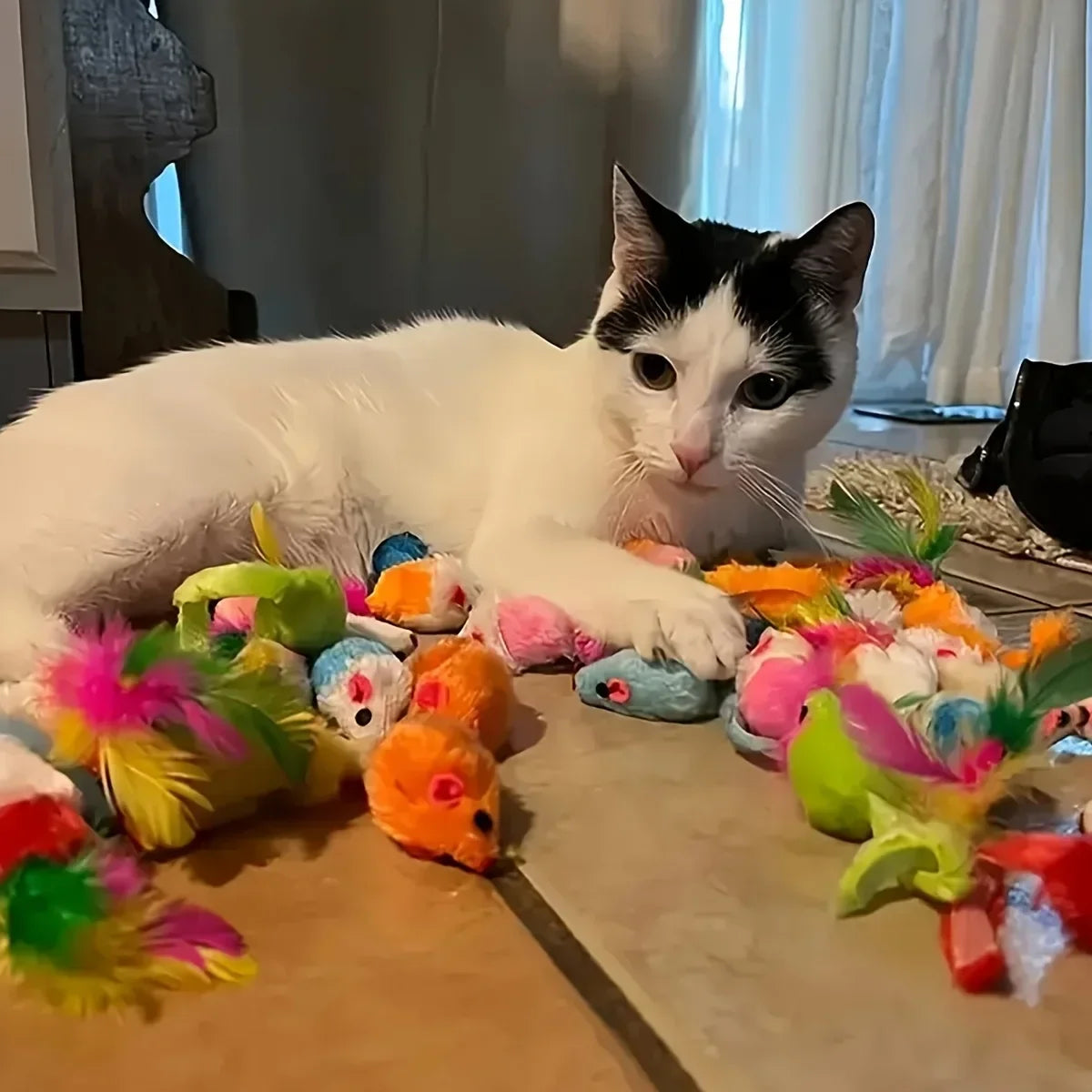 "Pawjoy"56pcs/28pcs/14pcs Cat Toys Mixed Pack. A Combination of Various Plastic Toys and Plush Toys Suitable for Multiple Cats To Play