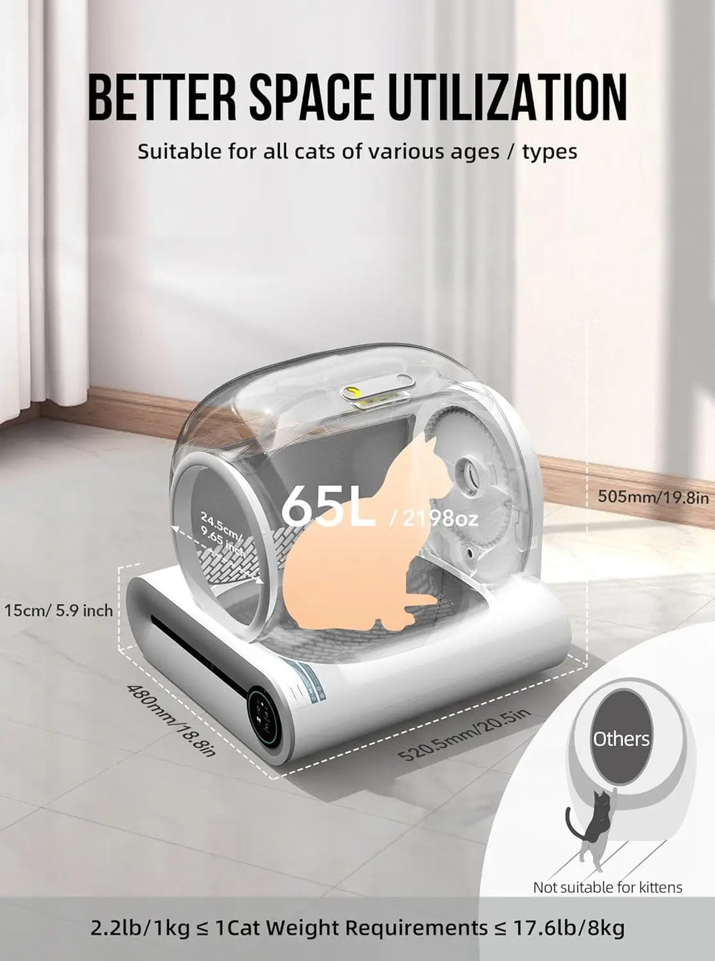 "Pawjoy"Tonepie 65L Automatic Smart Cat Litter Box Self Cleaning Fully Enclosed Cat Litter Box Pet Toilet Litter Tray English versions