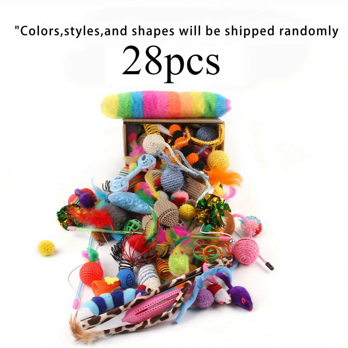 "Pawjoy"56pcs/28pcs/14pcs Cat Toys Mixed Pack. A Combination of Various Plastic Toys and Plush Toys Suitable for Multiple Cats To Play